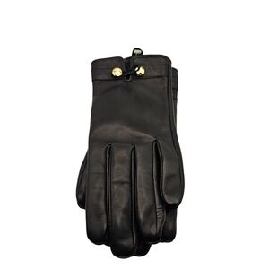 Etienne Aigner Leather Gloves Medium Black Gold Logo Hardware Winter Lined